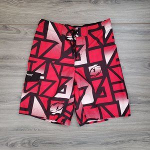 Pacific Surf Men's Geometric Pattern Board Shorts Swimsuit Red and Black Size XL